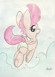 Size: 683x956 | Tagged: safe, artist:slightlyshade, scootaloo, pegasus, pony, g4, butt, clothes, cloud, female, panties, plot, solo, swimming, swimsuit, traditional art, underhoof, underwear, water