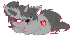 Size: 2032x1024 | Tagged: safe, artist:vanillaswirl6, oc, oc only, oc:say, pony, unicorn, :t, black sclera, blushing, cheek fluff, chibi, colored eyelashes, commission, ear fluff, evil eye, female, fluffy, hair bun, looking down, mare, no pupils, photoshop, prone, scrunchy face, signature, simple background, solo, transparent background