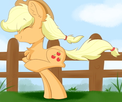 Size: 6000x5000 | Tagged: safe, artist:meowmavi, applejack, earth pony, pony, g4, absurd resolution, chest fluff, cloud, cute, ear fluff, eyes closed, female, fence, jackabetes, mare, running, solo