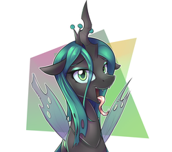 Size: 1700x1506 | Tagged: safe, artist:fanch1, queen chrysalis, changeling, changeling queen, g4, abstract background, crown, cute, cutealis, female, horn, jewelry, looking at you, makeup, open mouth, regalia, solo, tongue out, wings