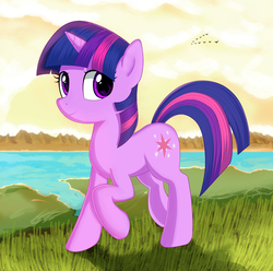 Size: 2000x1985 | Tagged: safe, artist:kas92, twilight sparkle, bird, pony, unicorn, g4, female, lake, raised hoof, smiling, solo, unicorn twilight, water