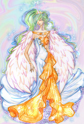 Size: 800x1175 | Tagged: safe, artist:mellorine91, princess celestia, human, g4, clothes, dress, female, humanized, solo, traditional art, watermark, winged humanization, wings