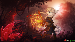 Size: 1920x1080 | Tagged: safe, artist:redchetgreen, oc, oc only, earth pony, pony, armor, boots, crossover, ear fluff, flower, forest, khadgar, magic, magic circle, rearing, solo, staff, tree, tunic, warcraft, windswept mane, world of warcraft