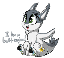 Size: 2522x2258 | Tagged: safe, artist:graphene, oc, oc only, oc:ruffle, original species, plane pony, pony, butt engines, commission, cute, dialogue, f-4 phantom ii, female, high res, landing gear, mare, ocbetes, plane, simple background, smiling, solo, transparent background