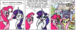 Size: 930x364 | Tagged: safe, artist:gingerfoxy, fluttershy, pinkie pie, rarity, earth pony, pegasus, pony, unicorn, pony comic generator, g4, carousel boutique, comic, discord lamp