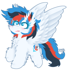 Size: 1434x1528 | Tagged: safe, artist:vanillaswirl6, oc, oc only, oc:retro city, pegasus, pony, blushing, cheek fluff, chest fluff, colored eyelashes, commission, cute, ear fluff, female, fluffy, happy, looking up, mare, no pupils, open mouth, photoshop, raised hoof, sharp teeth, signature, simple background, solo, spread wings, teeth, transparent background, wings