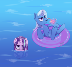 Size: 1400x1300 | Tagged: safe, artist:imaplatypus, starlight glimmer, trixie, pony, unicorn, g4, cup, drinking straw, inner tube, teacup, that pony sure does love teacups, unamused, wet mane
