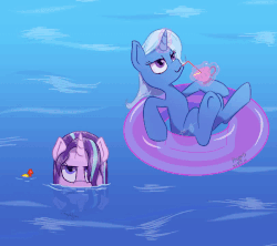 Size: 800x709 | Tagged: safe, artist:imaplatypus, starlight glimmer, trixie, pony, unicorn, g4, animated, barely animated, cup, drinking straw, evil smile, female, gif, grin, inner tube, reflection, smiling, straw, teacup, that pony sure does love teacups, this will end in tears, watergun, wet mane