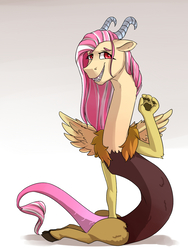 Size: 900x1200 | Tagged: safe, artist:passigcamel, oc, oc only, oc:paula, draconequus, hybrid, draconequus oc, female, grin, interspecies offspring, looking at you, next generation, offspring, parent:discord, parent:fluttershy, parents:discoshy, simple background, smiling, solo