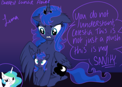 Size: 4823x3445 | Tagged: safe, artist:darkest-lunar-flower, princess celestia, princess luna, alicorn, pony, g4, absurd resolution, celestia is not amused, chest fluff, female, floppy ears, plushie, sitting