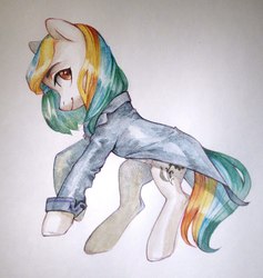 Size: 1568x1657 | Tagged: safe, artist:aphphphphp, oc, oc only, pony, clothes, coat, female, mare, rainbow hair, simple background, solo, traditional art, white background