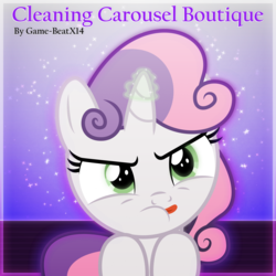 Size: 5000x5000 | Tagged: safe, artist:game-beatx14, artist:masem, sweetie belle, pony, fanfic:cleaning carousel boutique, g4, absurd resolution, fanfic, fanfic art, fanfic cover, female, fimfiction, solo, tongue out