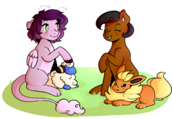 Size: 762x530 | Tagged: safe, artist:cinnamonsparx, oc, oc only, oc:porcelain skies, oc:quinny, earth pony, flareon, mareep, original species, pony, crossover, pokémon, simple background, transparent background