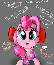 Size: 1900x2300 | Tagged: safe, artist:a8f12, pinkie pie, earth pony, pony, g4, adorable face, blue eyes, bow, clothes, cute, diapinkes, question mark, sitting, socks, solo, striped socks, weapons-grade cute