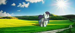 Size: 1630x734 | Tagged: safe, artist:darkskull seth zenith, artist:jhayarr23, coloratura, earth pony, pony, g4, field, irl, photo, ponies in real life, solo, sun