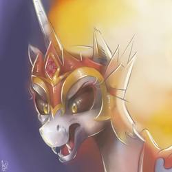 Size: 960x960 | Tagged: safe, artist:edgymushroom, daybreaker, alicorn, pony, a royal problem, g4, fangs, female, fire, mare, open mouth, snarling, solo