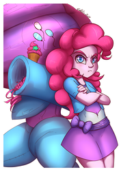 Size: 2893x4092 | Tagged: safe, artist:gabbslines, pinkie pie, equestria girls, g4, clothes, crossed arms, female, high res, leaning back, looking at you, mech, party cannon, simple background, solo