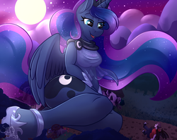 Size: 1280x1018 | Tagged: safe, artist:sugaryviolet, part of a set, princess luna, oc, alicorn, human, anthro, unguligrade anthro, g4, bat wings, clothes, commission, dream walker luna, dress, female, full moon, giantess, human male, macro, male, mare, moon, non-mlp oc, part of a series, see-through, size difference, stars, winged human