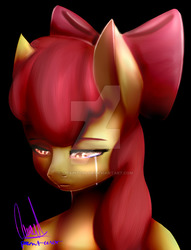 Size: 600x784 | Tagged: safe, artist:paintcoloryt, apple bloom, earth pony, semi-anthro, g4, black background, bow, crying, deviantart watermark, female, hair bow, obtrusive watermark, one layer, sad, signature, simple background, solo, watermark
