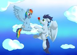 Size: 2000x1414 | Tagged: safe, alternate version, artist:saxpony, rainbow dash, soarin', pegasus, pony, g4, cloud, female, flower, male, mare, rose, ship:soarindash, shipping, stallion, straight