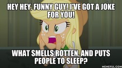 Size: 600x334 | Tagged: safe, edit, edited screencap, screencap, applejack, equestria girls, g4, my little pony equestria girls: rainbow rocks, female, memeful.com, solo, spongebob squarepants, squirrel jokes