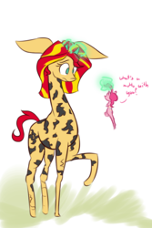 Size: 600x900 | Tagged: safe, artist:heir-of-rick, pinkie pie, sunset shimmer, giraffe, meerkat, g4, dialogue, giraffied, impossibly large ears, magic, raised hoof, simple background, species swap, telekinesis, the lion king, white background