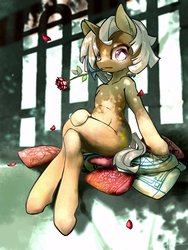 Size: 1536x2048 | Tagged: safe, artist:toki, oc, oc only, pony, unicorn, bipedal, crossed legs, ear piercing, flower, looking at you, not applejack, piercing, pillow, rose, sitting, solo