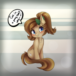 Size: 1024x1024 | Tagged: safe, artist:csox, oc, oc only, oc:mocha latte, pony, blushing, bow, chest fluff, cute, dialogue, hair bow, looking at you, sitting, smiling, solo, speech bubble