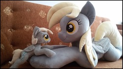 Size: 1154x653 | Tagged: safe, artist:littlefairyswonders, derpy hooves, pony, g4, couch, irl, life size, photo, plushie, self ponidox, size difference