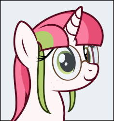 Size: 1000x1060 | Tagged: safe, artist:mrlolcats17, oc, oc only, oc:stargazer lily, pony, unicorn, animated, blinking, bust, doot, freckles, gif, glasses, portrait, smiling, solo