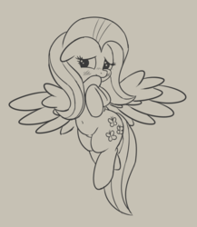 Size: 562x647 | Tagged: safe, artist:andelai, fluttershy, pegasus, pony, g4, belly button, blushing, chubby, covering mouth, female, floppy ears, flying, grayscale, hooves to the chest, lineart, looking sideways, mare, monochrome, plump, solo, spread wings, turned head, wings