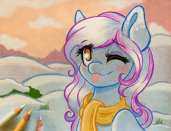 Size: 3730x2846 | Tagged: safe, artist:emberslament, oc, oc only, oc:snowshoe, pegasus, pony, clothes, female, high res, mare, one eye closed, pencil, scarf, snow, solo, tongue out, traditional art, wink, winter