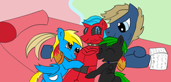 Size: 1400x672 | Tagged: safe, artist:ranto, artist:timejumper, derpibooru exclusive, oc, oc only, oc:aliax smily, oc:chip megabyte, oc:moonsaber, oc:o-5, oc:serena, bat pony, pony, robot, robot pony, bed, book, collar, cuddling, cute, simple background