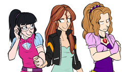 Size: 1920x1080 | Tagged: safe, artist:namyg, adagio dazzle, sci-twi, sunset shimmer, twilight sparkle, human, equestria girls, g4, clothes, glasses, holding hands, human coloration, humanized, natural hair color, ship:sci-twishimmer, ship:sunsetsparkle, shipping, simple background, trio, white background