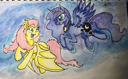 Size: 4032x2502 | Tagged: safe, artist:lovelyscales, fluttershy, princess luna, bat pony, pony, g4, duo, flutterbat, flying, high res, looking at each other, race swap, spread wings, traditional art, watercolor painting, wings