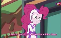 Size: 770x480 | Tagged: safe, screencap, fili-second, pinkie pie, equestria girls, equestria girls specials, g4, my little pony equestria girls: movie magic, clothes, costume, food, power ponies, pudding, stormy with a side of pudding, subtitles, teletoon
