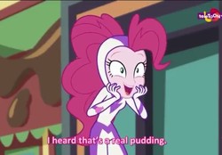 Size: 689x480 | Tagged: safe, screencap, fili-second, pinkie pie, equestria girls, equestria girls specials, g4, my little pony equestria girls: movie magic, clothes, costume, food, power ponies, pudding, smiling, stormy with a side of pudding, subtitles, teletoon