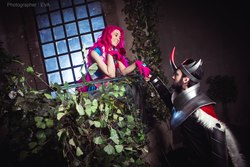 Size: 2560x1707 | Tagged: safe, artist:evange, artist:tai-l-rodriguez, king sombra, pinkie pie, human, g4, balcony, clothes, cosplay, costume, irl, irl human, male, photo, shipping, sombrapie, straight