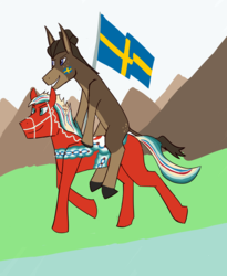 Size: 1800x2200 | Tagged: safe, artist:thedarksideofthefandom, oc, oc only, oc:klonk the donk, donkey, pony, dalahäst, dalecarlian horse, flag, horse riding a horse, ponies riding ponies, riding, sweden