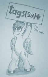 Size: 1548x2444 | Tagged: safe, artist:geljado, rainbow dash, pegasus, pony, derpibooru, g4, belly button, bipedal, female, holding, meta, monochrome, sign, solo, tags, traditional art