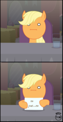 Size: 798x1543 | Tagged: safe, artist:toxic-mario, edit, applejack, earth pony, pony, g4, honest apple, :i, comic, female, hoof hold, mare, no, no just no, poker face, reaction image, solo