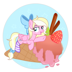 Size: 4000x4000 | Tagged: artist needed, safe, oc, oc only, oc:bay breeze, pegasus, pony, bow, clothes, dessert, female, food, hair bow, ice cream, mare, open mouth, pointing, raised hoof, seductive, seductive pose, sexy, socks, strawberry, striped socks, stupid sexy bay breeze, tail bow