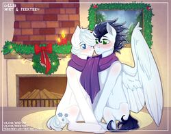 Size: 1280x1001 | Tagged: safe, artist:feekteev, double diamond, soarin', pegasus, pony, g4, blushing, candle, christmas, christmas wreath, clothes, colored pupils, crack shipping, gay, holiday, looking at each other, male, scarf, shared clothing, shared scarf, shipping, sitting, smiling, soarin'diamond, stallion