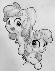 Size: 990x1280 | Tagged: safe, artist:bobdude0, apple bloom, sweetie belle, pony, g4, cute, monochrome, tongue out, traditional art