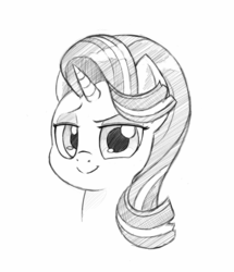 Size: 1097x1278 | Tagged: safe, artist:trickydick, starlight glimmer, pony, unicorn, g4, bust, female, grayscale, lidded eyes, looking at you, mare, monochrome, portrait, simple background, smiling, solo, white background