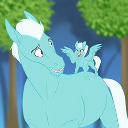 Size: 3300x3300 | Tagged: safe, artist:foxenawolf, fleetfoot, oc, earth pony, pegasus, pony, fanfic:piercing the heavens, g4, blue coat, fanfic art, father and daughter, female, filly, filly fleetfoot, high res, male, size difference, tail, white mane, white tail, wonderbolts, younger