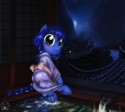 Size: 1300x1170 | Tagged: source needed, useless source url, safe, artist:darkstylerz, oc, oc only, oc:forlorn fate, earth pony, pony, blushing, braid, clothes, colored pupils, commission, female, filly, frog (hoof), hooves, japan, kimono (clothing), long mane, looking at you, looking back, looking back at you, night, ribbon, river, scenery, solo, underhoof, village, water, wet