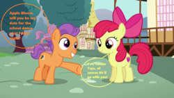 Size: 1280x720 | Tagged: safe, edit, edited screencap, screencap, apple bloom, tender taps, earth pony, pony, g4, on your marks, season 6, accent, bow, colt, date, duo, female, filly, foal, male, ponyville town hall, shipping, speech bubble, straight, tenderbloom