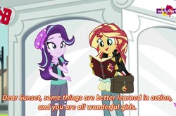 Size: 731x480 | Tagged: safe, screencap, starlight glimmer, sunset shimmer, equestria girls, equestria girls specials, g4, my little pony equestria girls: mirror magic, bag, book, clothes, hat, pants, subtitles, teletoon