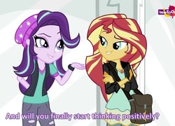 Size: 665x480 | Tagged: safe, screencap, starlight glimmer, sunset shimmer, equestria girls, equestria girls specials, g4, my little pony equestria girls: mirror magic, bag, clothes, crossed arms, geode of empathy, hat, magical geodes, smiling, subtitles, teletoon
